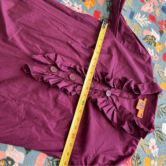 Tory Burch dark purple maroon ruffle front long sleeve button front shirt - Picture 2 of 8